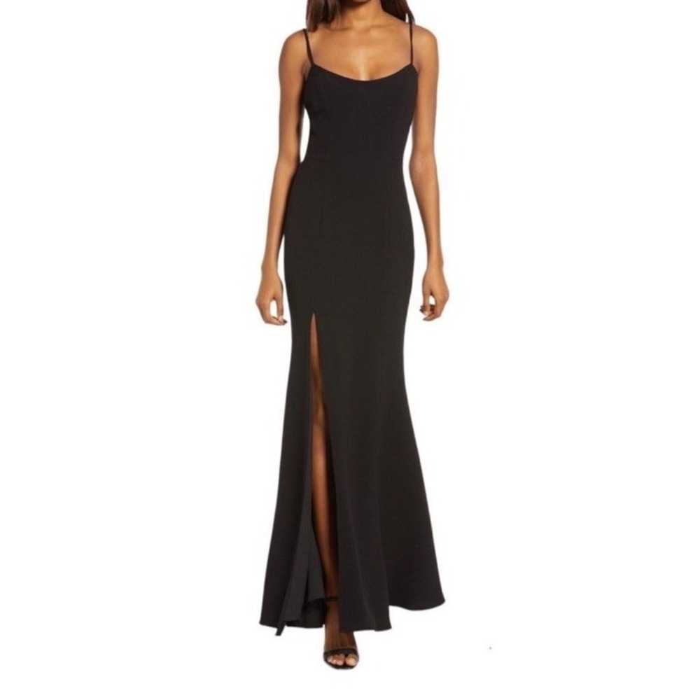 DRESS THE POPULATION‎ Jolene Slit Front Crepe Mermaid Black Gown L/14 $248 NWT